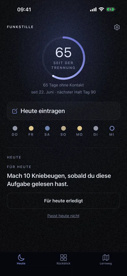 Funkstille zeigt den heutigen Tag mit Eintrag und Fortschritt