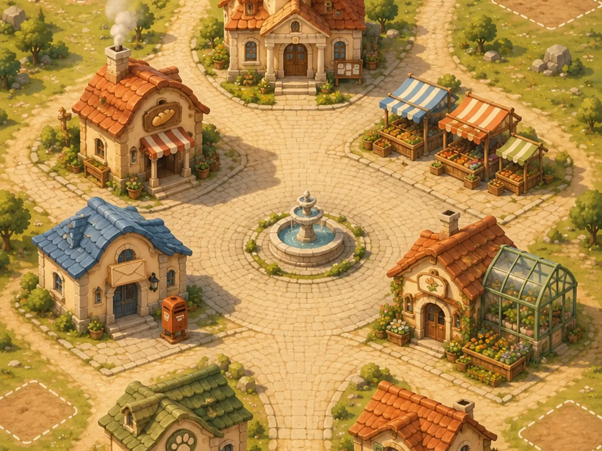 Eine gezeichnete Kleinstadt aus dem Spiel Vocaville