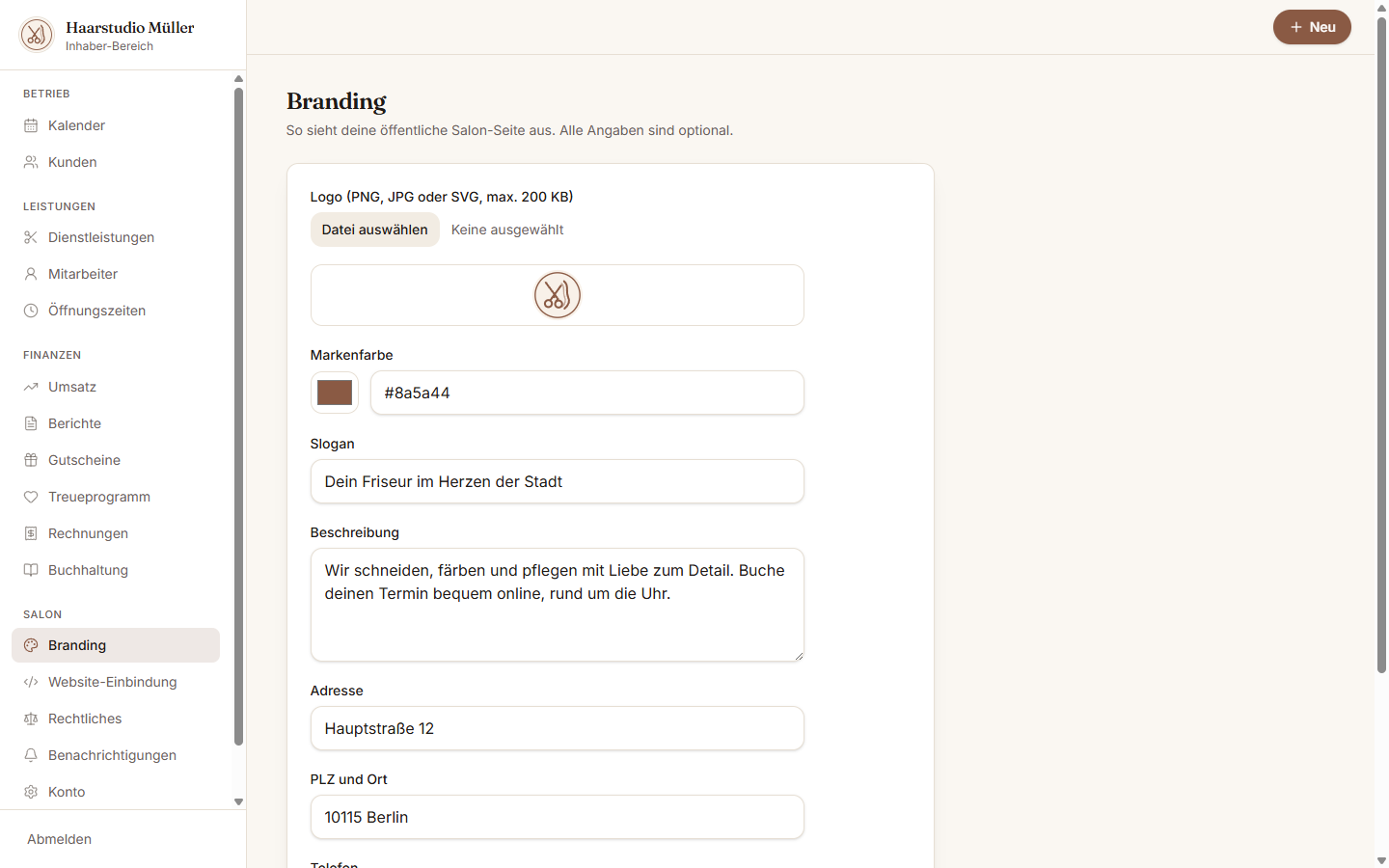 Branding im Inhaber-Dashboard