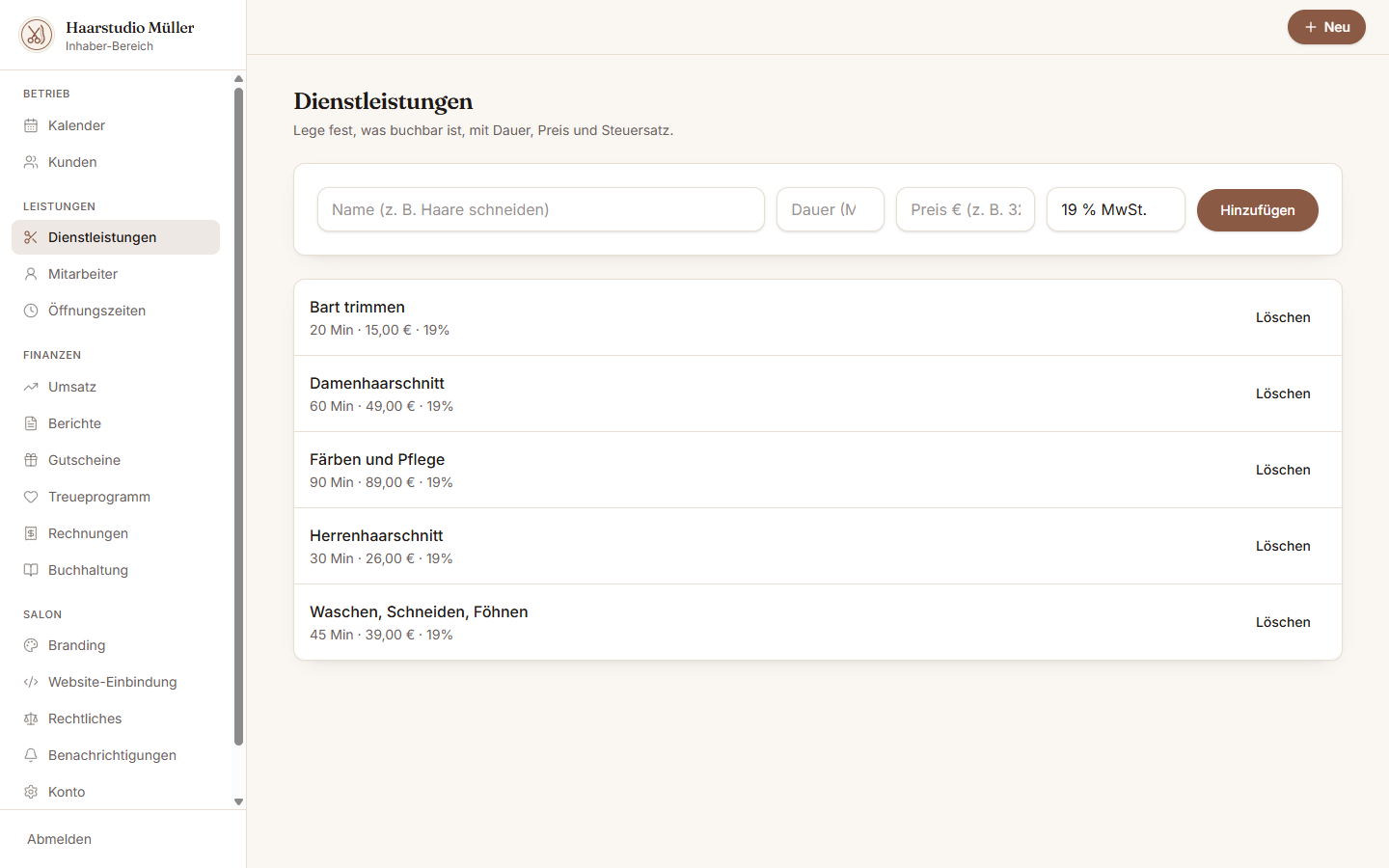 Dienstleistungen im Inhaber-Dashboard