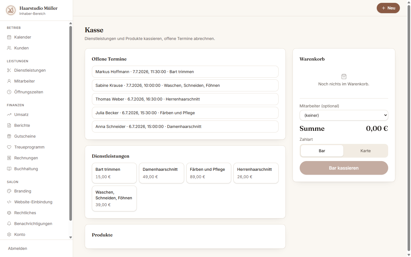 Kasse im Inhaber-Dashboard