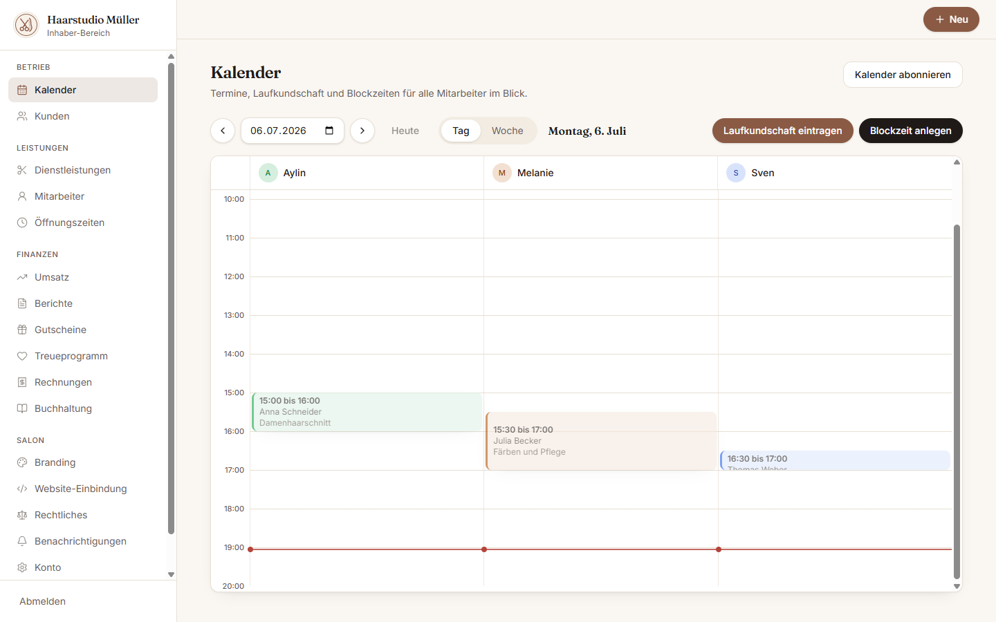 Team-Kalender im Inhaber-Dashboard
